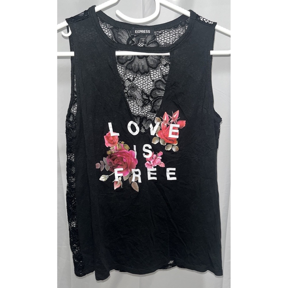 Express Lace Love Is Free Graphic Y2K Tank Top Women's Size Small Black